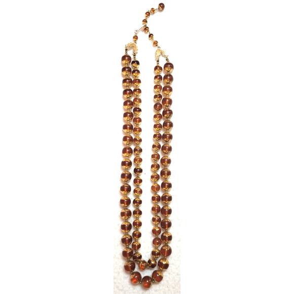 Vintage Signed Japan Electroplated Edge Amber Beaded Necklace Lucite 2 Strand - Picture 5 of 7